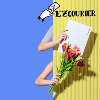Two hands reach out from behind a wall, one holding flowers and the other a letter, with the EZCourier logo above.